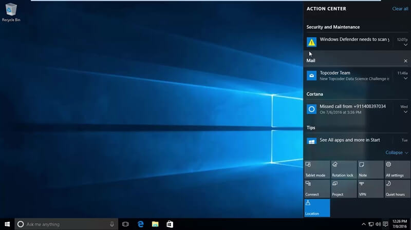 Windows 10 Notification and Actions Panel